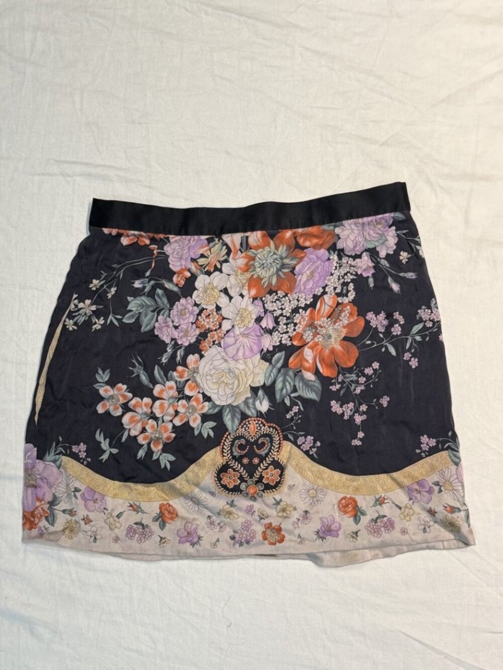 Dolce & Gabbana Floral Print Stretch Silk Mini Skirt Navy Gold Hem IT 42 US 8 - Picture 2 of 7